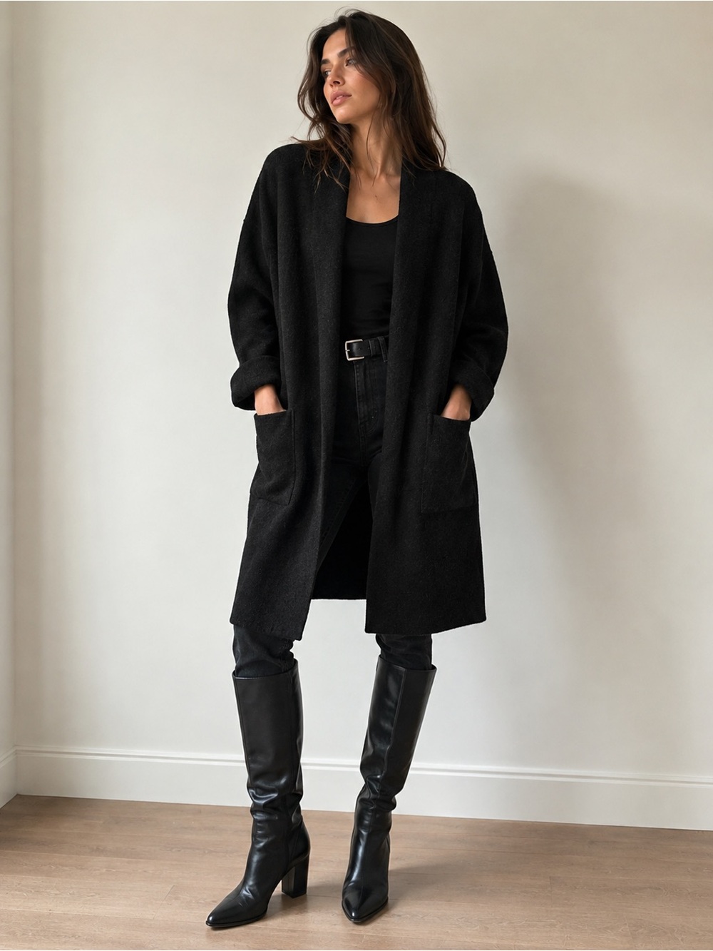 Tahari Women’s Open Front Long Cardigan Sweater Black Size Large Cozy Chic‎